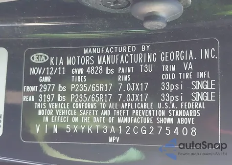 2012 Kia Sorento Lx из США, поврежденный, VIN 5XYKT3A12CG275408